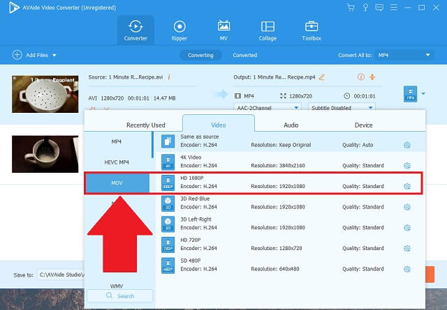 AVI MOV AVAide Pilih Format Langkah3