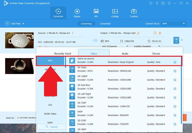 AVI To MP4 AVAide Change Format Step3