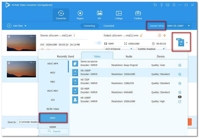 Archivo de configuración AVI WMV