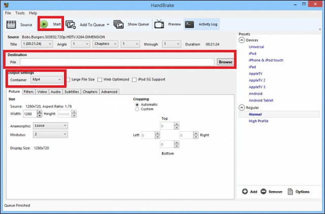 Handbrake Browse Format Start Step2 Convert AVI To MP4