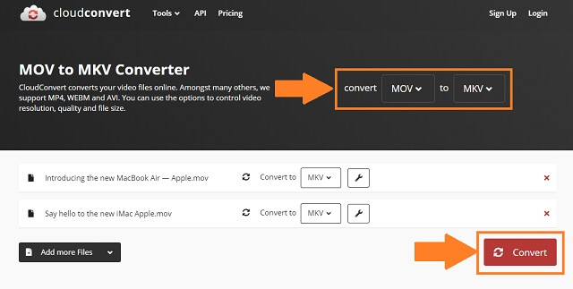 Conversion du format AVI MKV CloudConvert Étape 2