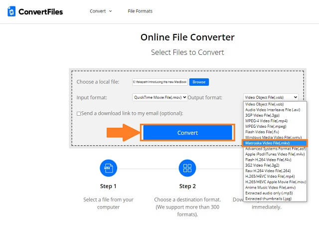 AVI MKV Convertfiles Pilih Format Step2