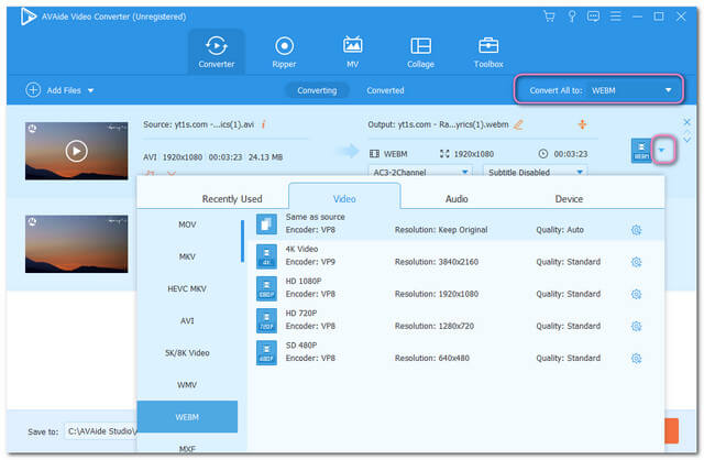 Archivo de configuración AVI WebM