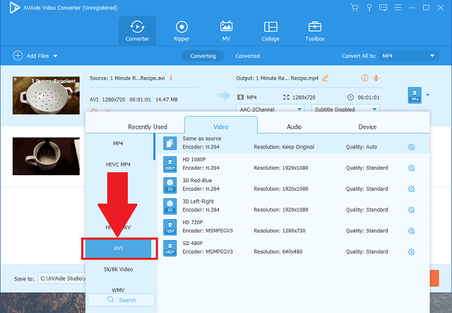 DivX AVI AVAide Pilih Format