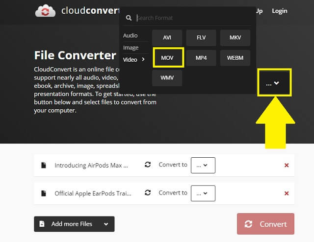 Formato FLV MOV Cloudconvert