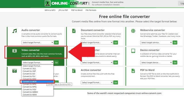 FLV MOV Onlineconvert 형식 선택