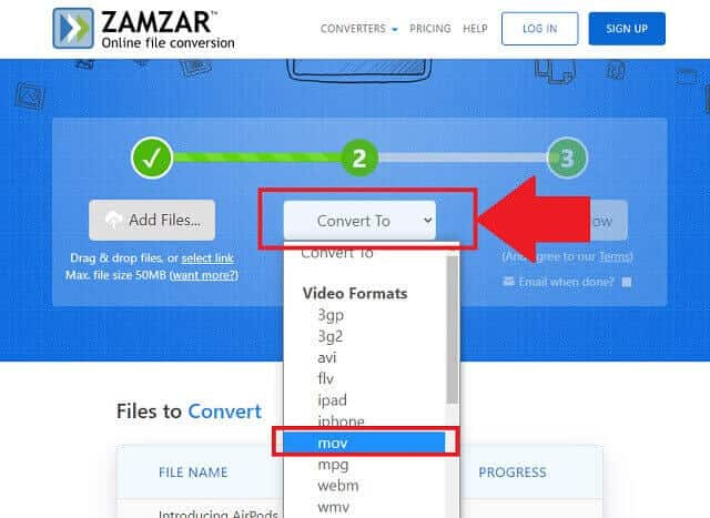 Conversion de format FLV MOV Zamzar