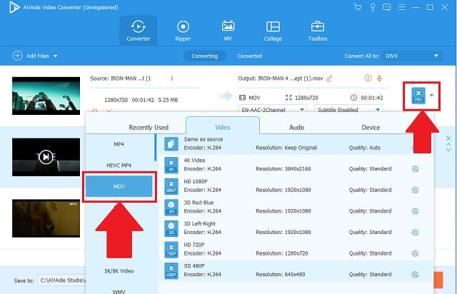 MKV MOV AVAide Seçim Formatı