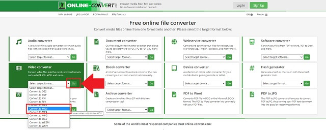 MKV MOV Cloudconvert kiválasztási formátum