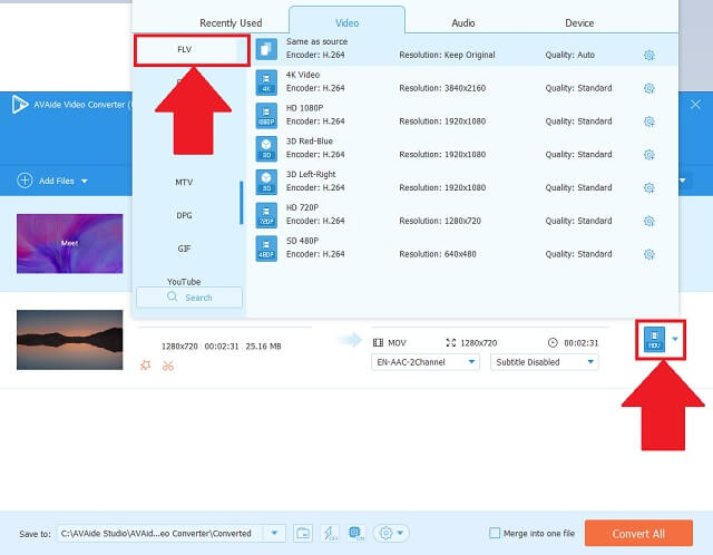 SWF FLV AVAide Format Seçin