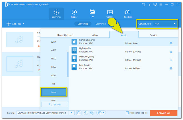 AMR WAV AVAide-converter Formaat selecteren