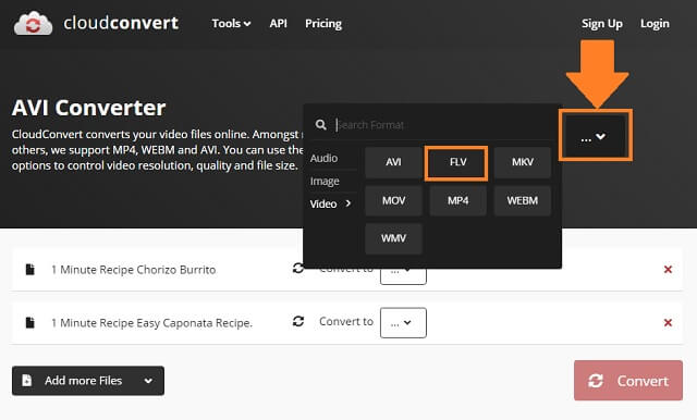 تغيير WEBM FLV Cloudconvert