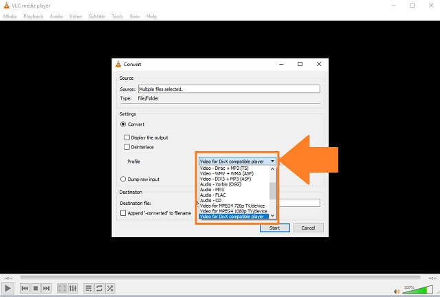 WEBM FLV VLC اختر التنسيق