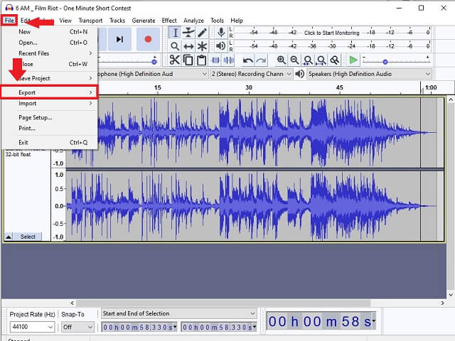 تصدير ملف الجرأة AIFF WAV