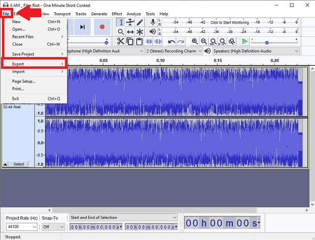 AMR WAV Audacity Fare clic su Esporta