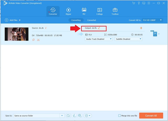 AVAide DV to FLV Video kimenet átnevezése