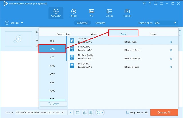 AVAide Select AAC Format