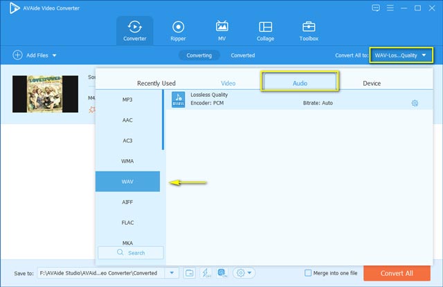 Avaide VC Pilih Format M4A