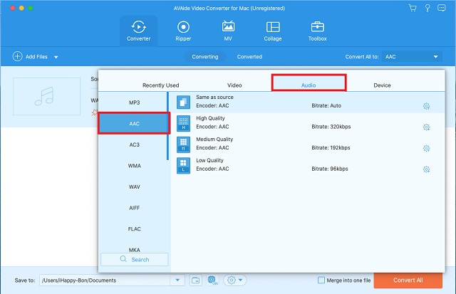 AVAide WAV To AAC Pilih Daftar Format Audio