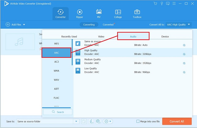 AVAide WMA Ke AAC Tentukan Format Baharu