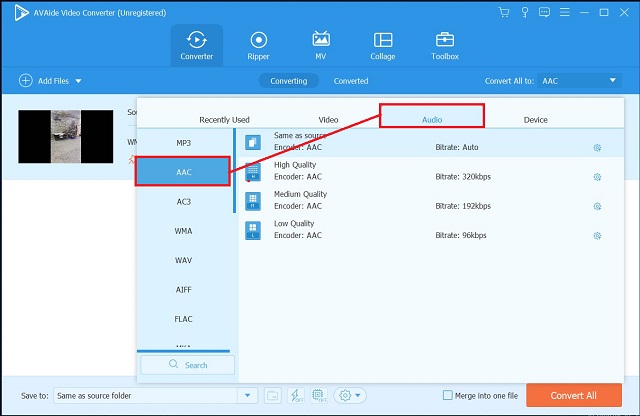 AVAide WMV vers AAC Sélectionner un nouveau format