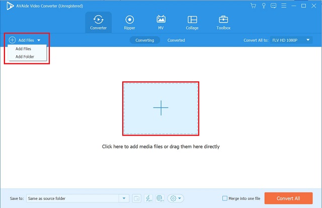 AVAide XVID To FLV Drag And Drop File