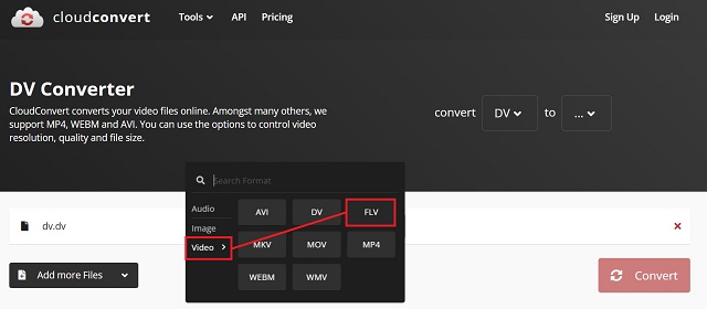 CloudConvert DV til FLV Velg et format