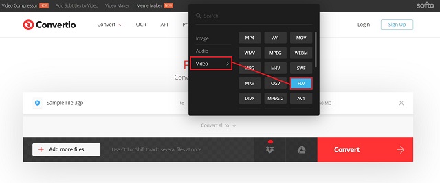 Convertio 3GP เป็น FLV Sleect Format