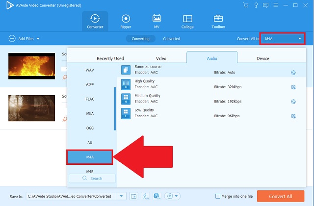 Đầu ra MPEG M4A AVAide Set