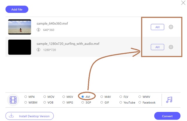 Archivo de configuración en línea MXF AVI