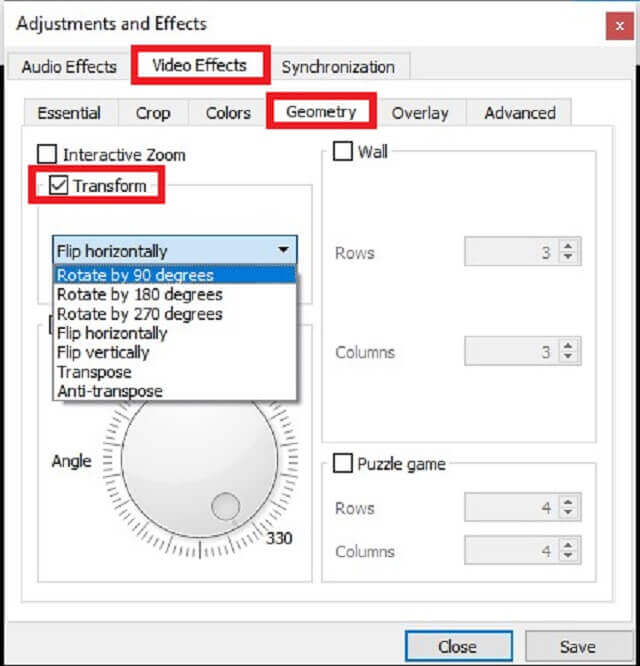 VLC-tietokone Valitse videon suunta