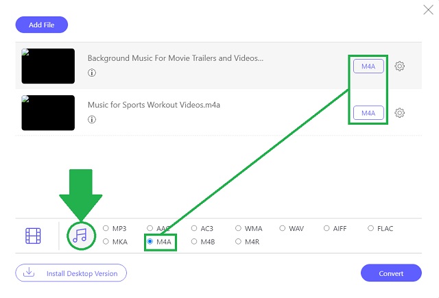 WAV M4A AVaide à sélectionner le format