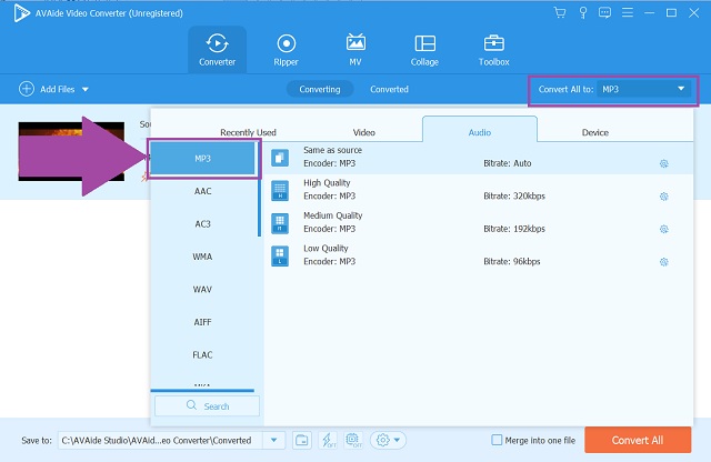 WMA MP3 AVAide Pilih Format