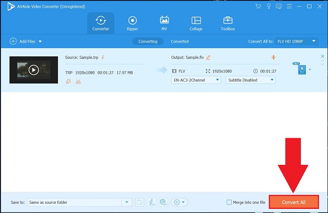 AVAideo TRP เป็น FLV เริ่มการแปลง