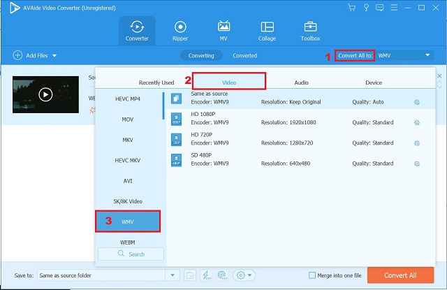 AVAide WebM vers WMV Changer la sortie vidéo