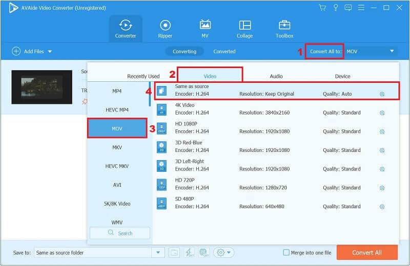 TRP To MOV Select Output Format