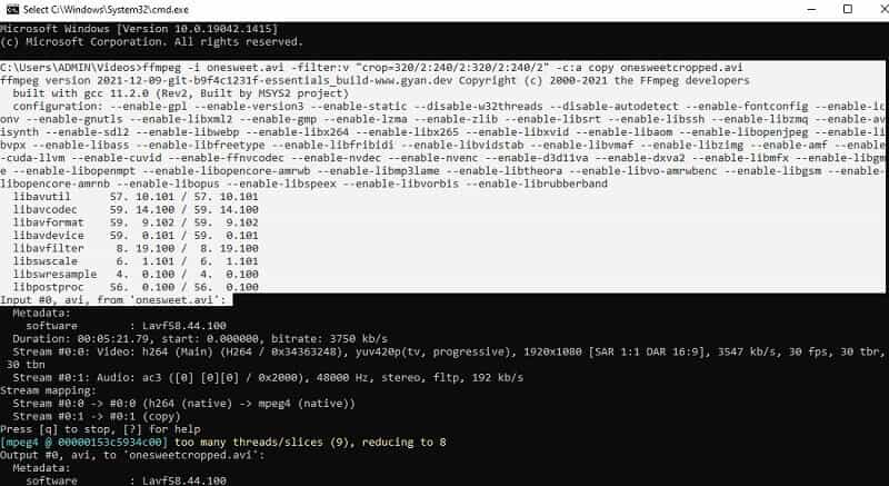 Comando de video de recorte FFmpeg