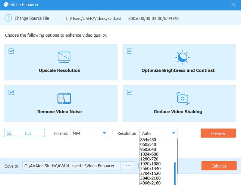 AI Upscale video AVAide resolutie