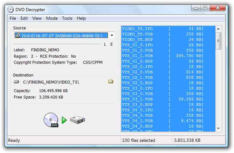 Schermata di DVD Decrypter DVD Ripper