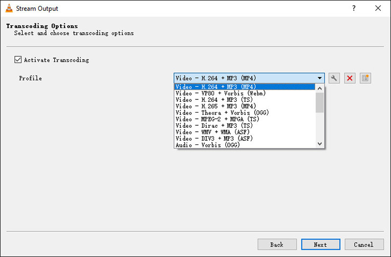 Option de transcodage actif