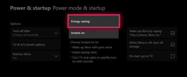 Xbox 전원 모드를 에너지 절약으로 변경