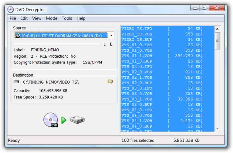 Snímek obrazovky DVD Decrypter