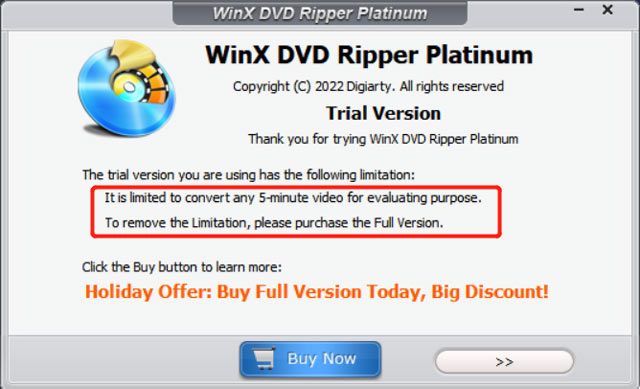 Ograničenje značajki besplatnog WinX DVD Rippera
