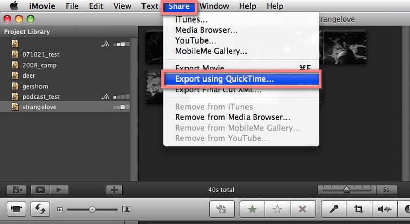 ส่งออกโดยใช้ QuickTime