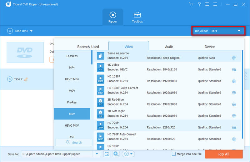 Seleziona il formato di output