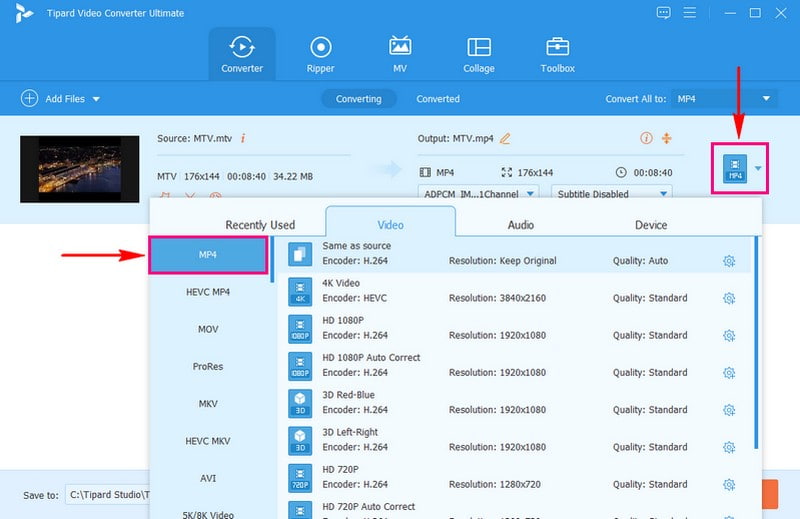 Pilih MP4 daripada Senarai Format