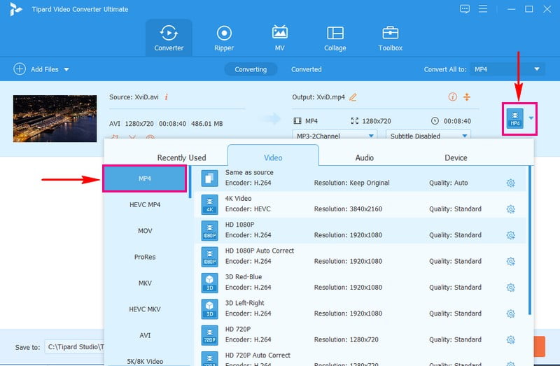 Format Listesinden MP4'ü seçin