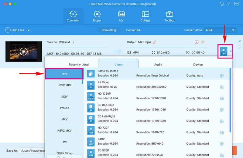 Choisissez le format MP4 dans la liste