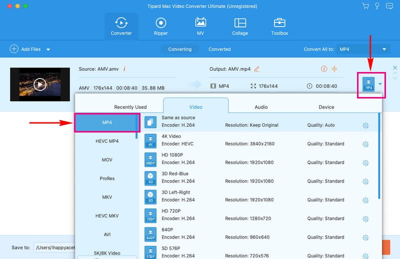 MP4 Formatını seçin