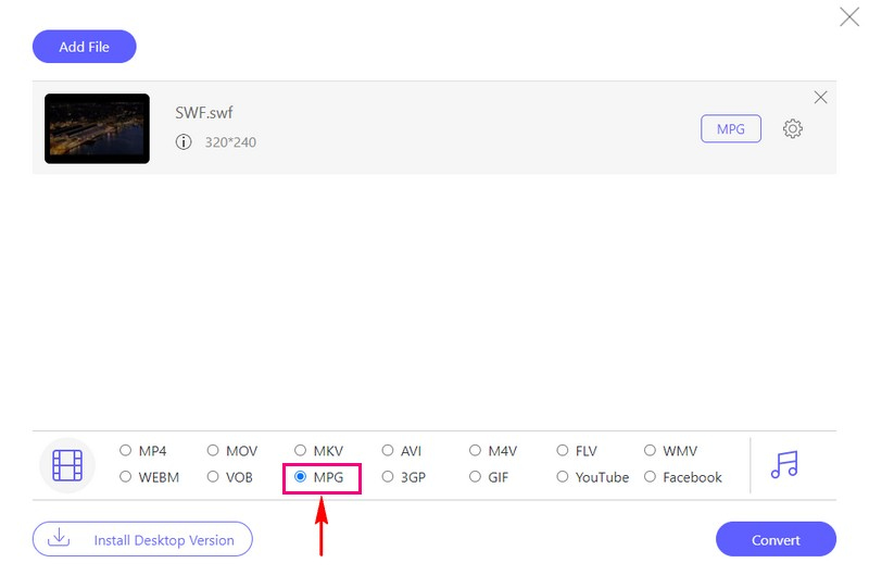 Coloque um marcador próximo ao formato MPG